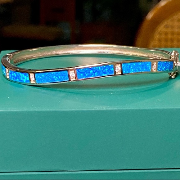 Natural Opal and lab diamonds gemstones set in rhodium plated SS bracelet - Picture 3 of 16